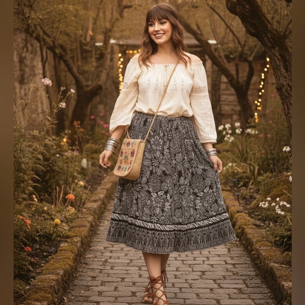 Sag Harbor Whimsigoth Paisley Midi Skirt // B&W Boho Fairycore Flowy Skirt M